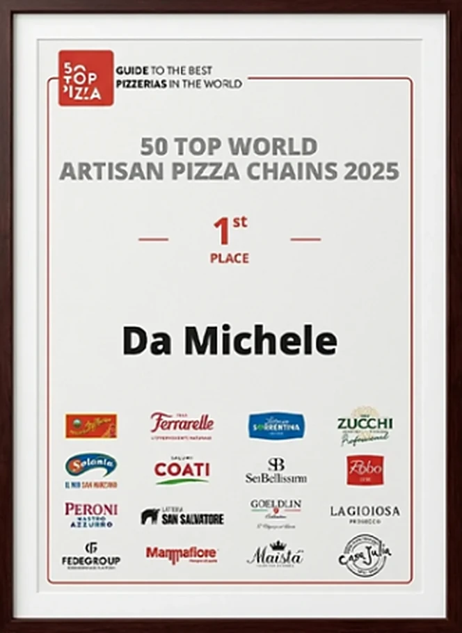 Framed 50 Top Pizza certificate: 50 Top World Artisan Pizza Chains 2025, 1st place, Da Michele